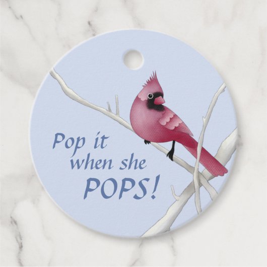 Blauw kardinaal Baby shower Pop het als ze Pop. Bedankjes Labels (Voorkant)