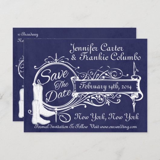 blauw karton Cowboy sparen de datum Aankondigingskaart (Voorkant / Achterkant)