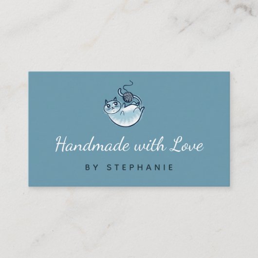 Blauw Kat Haakwerk Breien Handgemaakt Kraft Garen Visitekaartje (Voorkant)