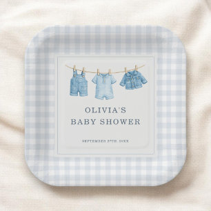 Blauw katoen baby geruite baby showerfeest papieren bordje