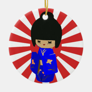 Blauw Kawaii Kokeshi Doll eenzijdig versierd versi Keramisch Ornament