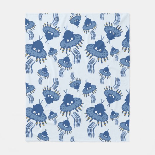 Blauw Kawaii octopus ufo patroon Fleece Deken (Voorkant)
