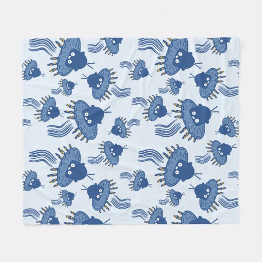 Blauw Kawaii octopus ufo patroon Fleece Deken (Voorkant (Horizontaal))