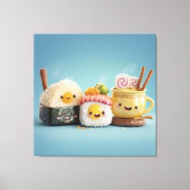 Blauw Kawaii Sushi Trio Canvas Afdruk