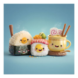 Blauw Kawaii Sushi Trio Foto Afdruk
