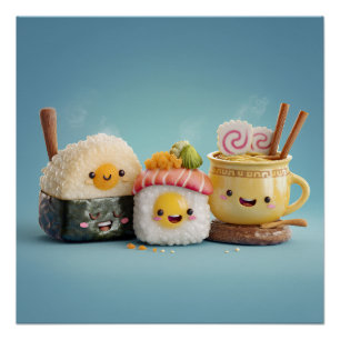Blauw Kawaii Sushi Trio Perfect Poster