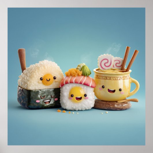 Blauw Kawaii Sushi Trio Poster (Voorkant)