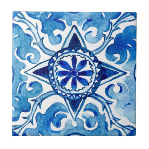 Blauw keramisch tegels met mediterrane handbeschil tegeltje