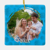 Blauw Kerst Borstelstreek Frame Foto Ornament (Voorkant)