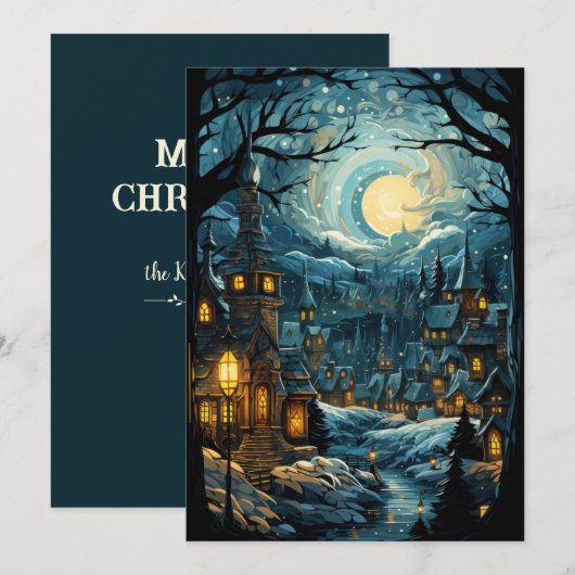 Blauw Kerst Dorp Kunst Vakantie Plat Kaart (Voorkant / Achterkant)