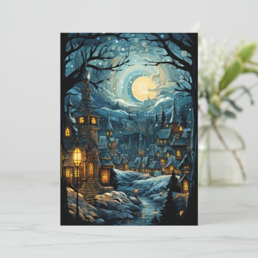 Blauw Kerst Dorp Kunst Vakantie Plat Kaart (Staand voorkant)