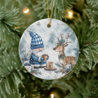 Blauw Kerst Kabouter  Keramisch Ornament