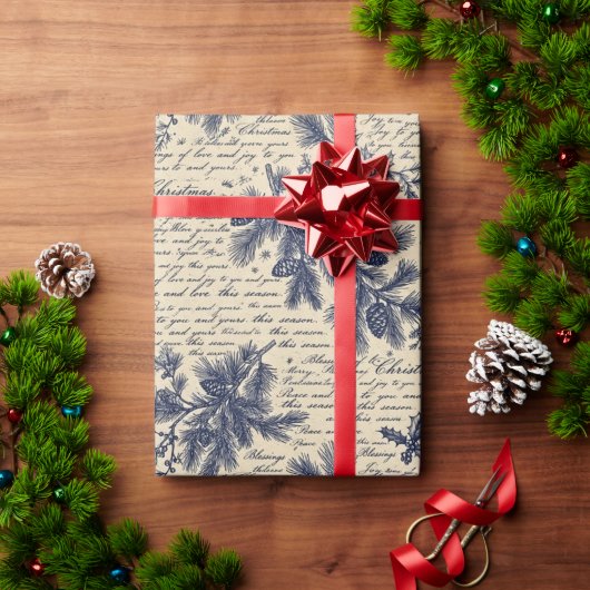 Blauw Kerst Pijnboom Script Inpakpapier Vintage (Feestdagen Geschenken)