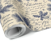 Blauw Kerst Pijnboom Script Inpakpapier Vintage (Rol Hoek)