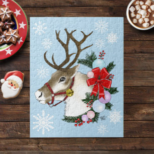 Blauw Kerst Reindeer Krans Festief  Legpuzzel