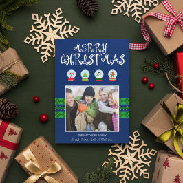 Blauw Kerst Sneeuw Wereldbollen Vakantie Fotokaart Feestdagenkaart