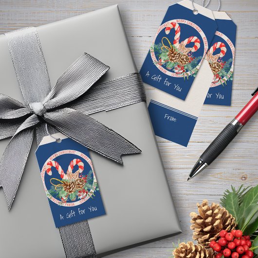 Blauw Kerst Suikerstok Cadeaulabel