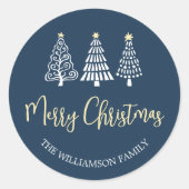 Blauw Kerstbomen Script Naam Whimsical Ronde Sticker (Voorkant)