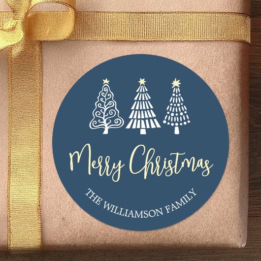 Blauw Kerstbomen Script Naam Whimsical Ronde Sticker