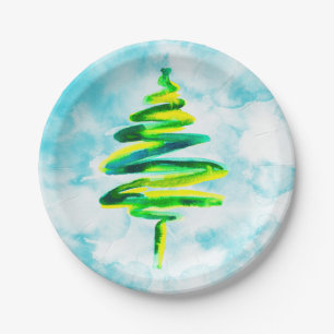 Blauw kerstboom aquarel papieren borden bordje