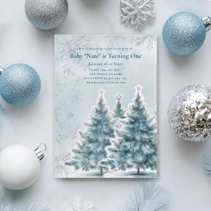 Blauw Kerstboom Baby 1e Verjaardagsuitnodiging Kaart