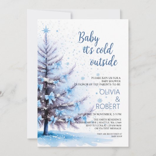 Blauw Kerstboom Baby Shower Kaart (Voorkant)
