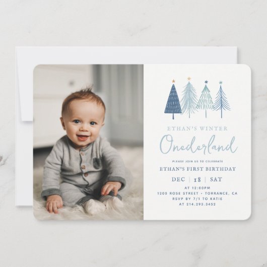 Blauw Kerstboom Jongen 1e Verjaardagsfoto Kaart (Voorkant)