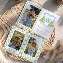 Blauw Kerstboom Monogram Crest Foto Feestdagenkaart