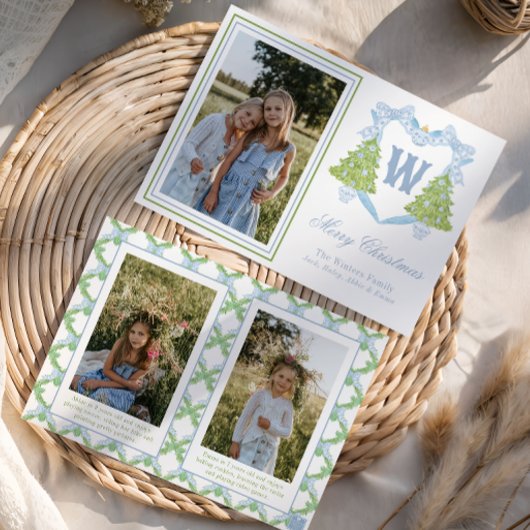 Blauw Kerstboom Monogram Crest Foto Feestdagenkaart