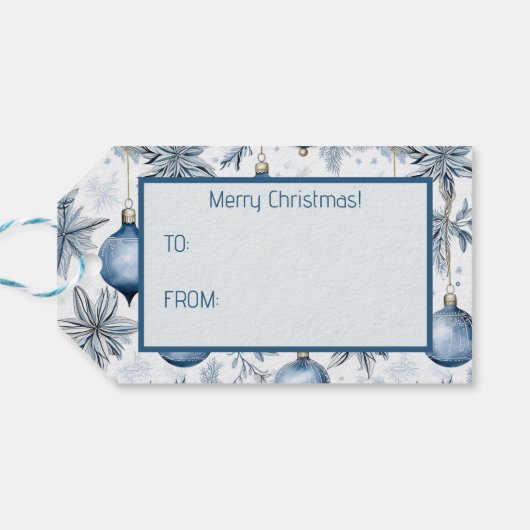  Blauw Kerstboom Ornamenten Patroon Cadeaulabel (Achterkant Horizontaal)