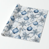  Blauw Kerstboom Ornamenten Patroon Cadeaupapier (Uitgerold)