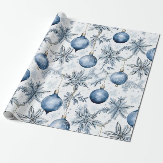 Blauw Kerstboom Ornamenten Patroon Cadeaupapier (Uitgerold)