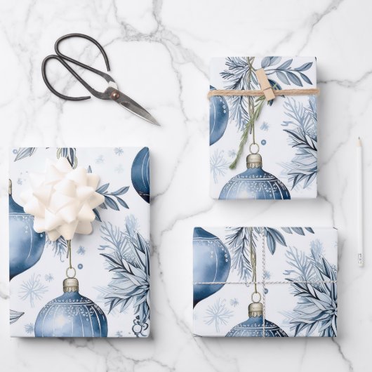 Blauw Kerstboom Ornamenten Patroon Inpakpapier Vel (Voorkant)