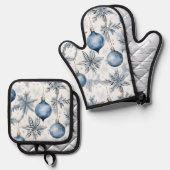  Blauw Kerstboom Ornamenten Patroon Ovenwant & Pannenlap Set (Voorkant / Achterkant)