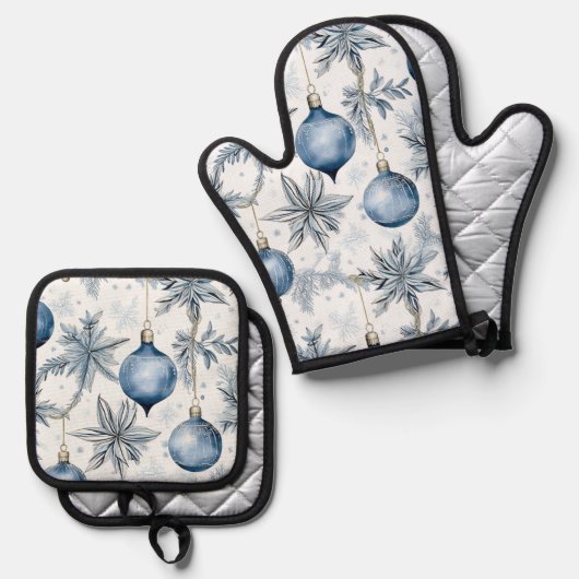 Blauw Kerstboom Ornamenten Patroon Ovenwant & Pannenlap Set (Voorkant / Achterkant)