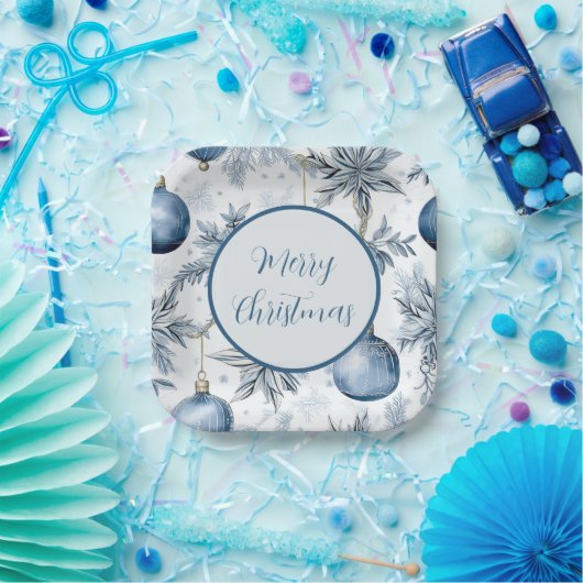  Blauw Kerstboom Ornamenten Patroon Papieren Bordje (Feest)