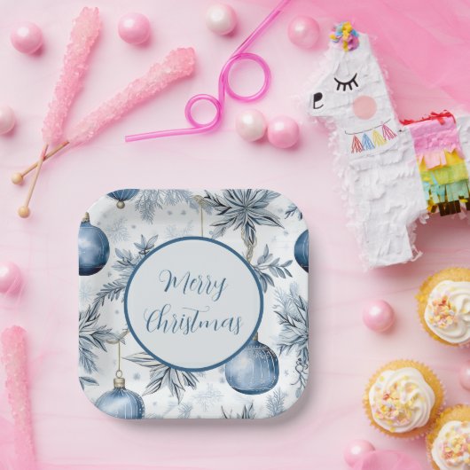  Blauw Kerstboom Ornamenten Patroon Papieren Bordje (Feest)