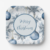  Blauw Kerstboom Ornamenten Patroon Papieren Bordje (Voorkant)