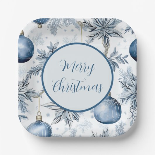  Blauw Kerstboom Ornamenten Patroon Papieren Bordje (Voorkant)