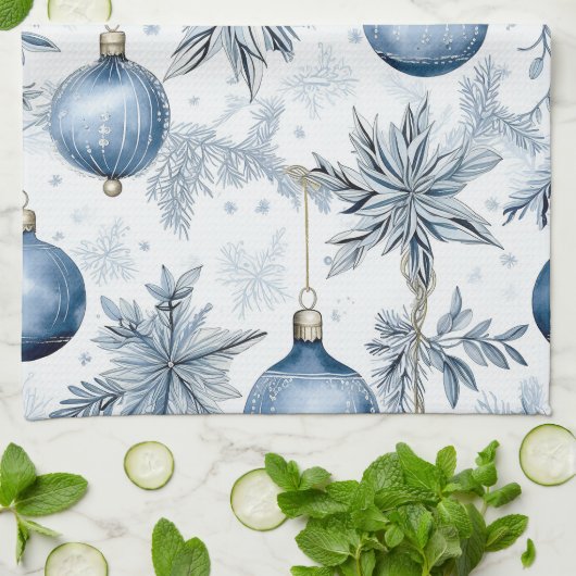  Blauw Kerstboom Ornamenten Patroon Theedoek (Gevouwen)