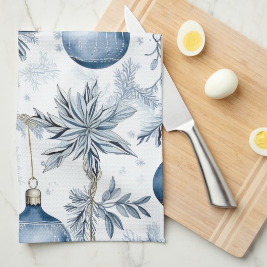  Blauw Kerstboom Ornamenten Patroon Theedoek (Quarter Fold)