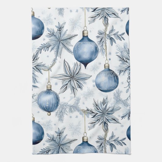  Blauw Kerstboom Ornamenten Patroon Theedoek (Verticaal)