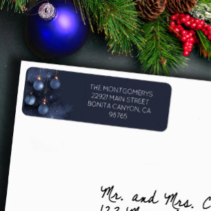 Blauw kerstboom & ornamenten retouradres etiket