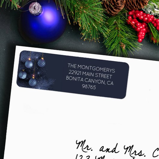 Blauw kerstboom & ornamenten retouradres etiket
