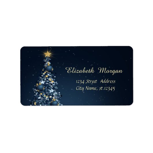 Blauw kerstboom, ornamenten vakantie etiket (Voorkant)