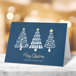 Blauw Kerstboom Script Naam Whimsical Feestdagen Kaart