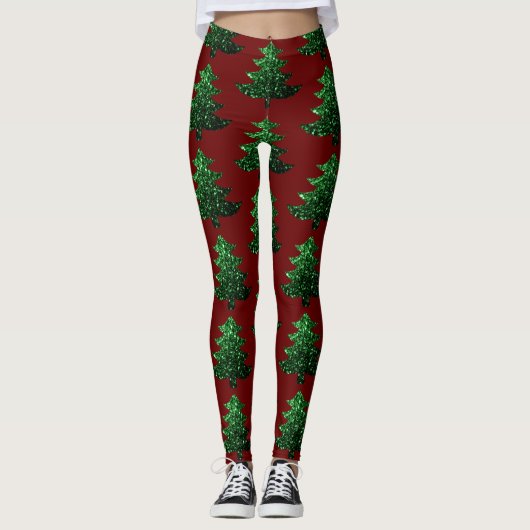 Blauw kerstboomgroen patroon donkerrood leggings (Voorkant)