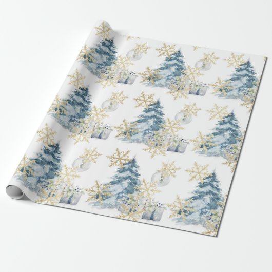 Blauw kerstboomklooster cadeaupapier (Uitgerold)