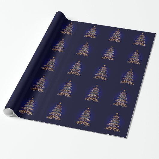 Blauw kerstboompapier met blauwe balken cadeaupapier (Uitgerold)