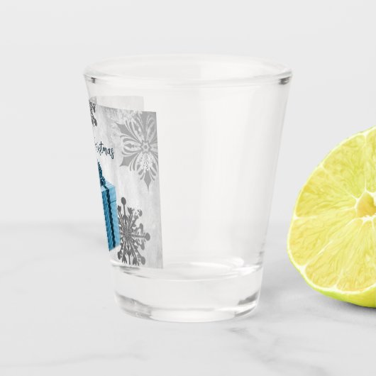 Blauw kerstcadeautje shot glas (Rechts)